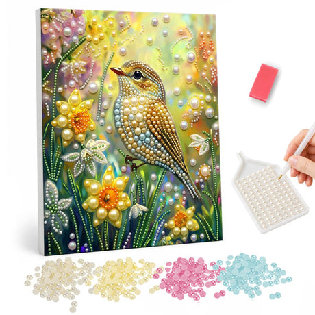 Little Songbird in the Daffodils pearl painting – Small brown songbird perched among yellow daffodils and white blossoms in soft golden light