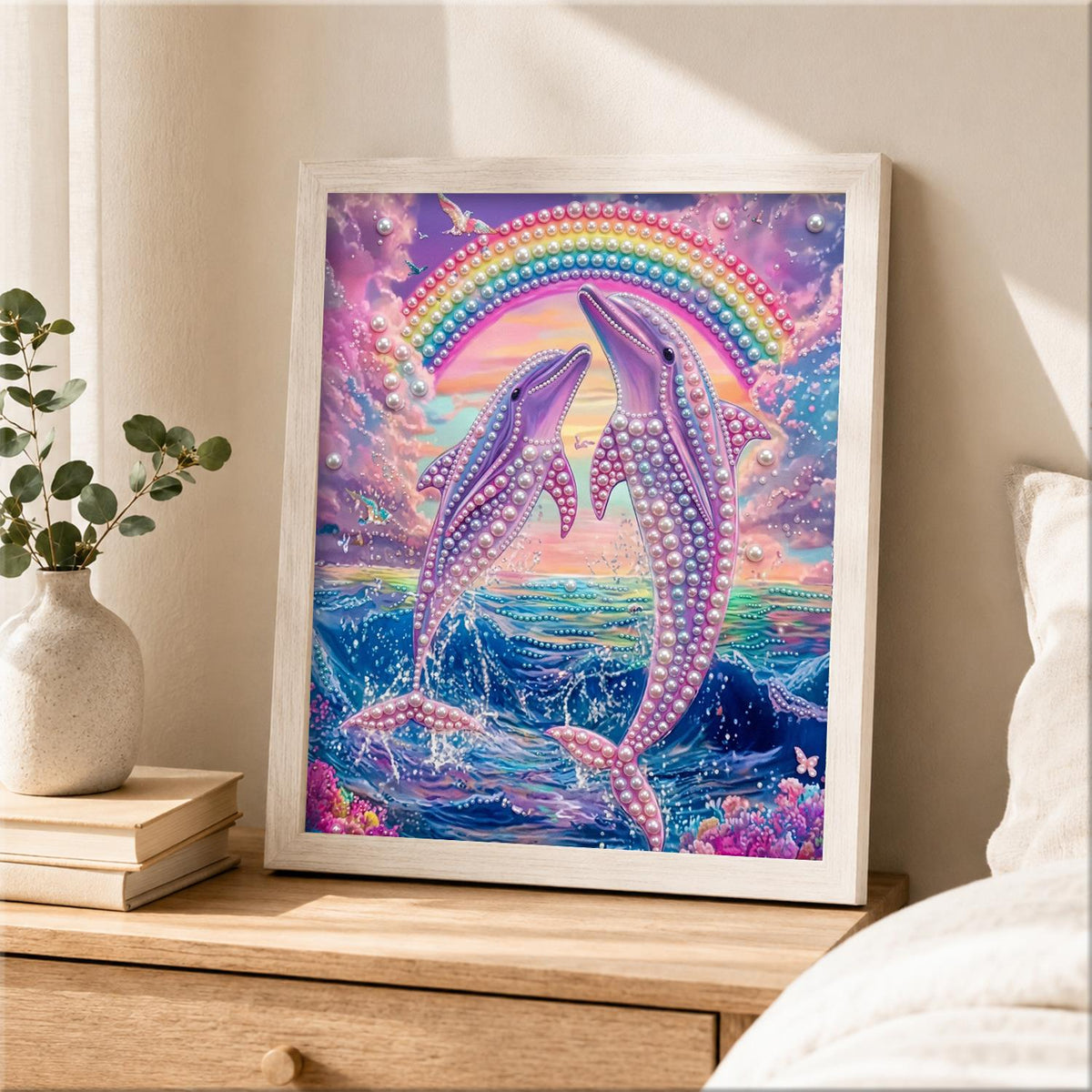 Leaping Dolphins Under a Rainbow pearl painting – image 2