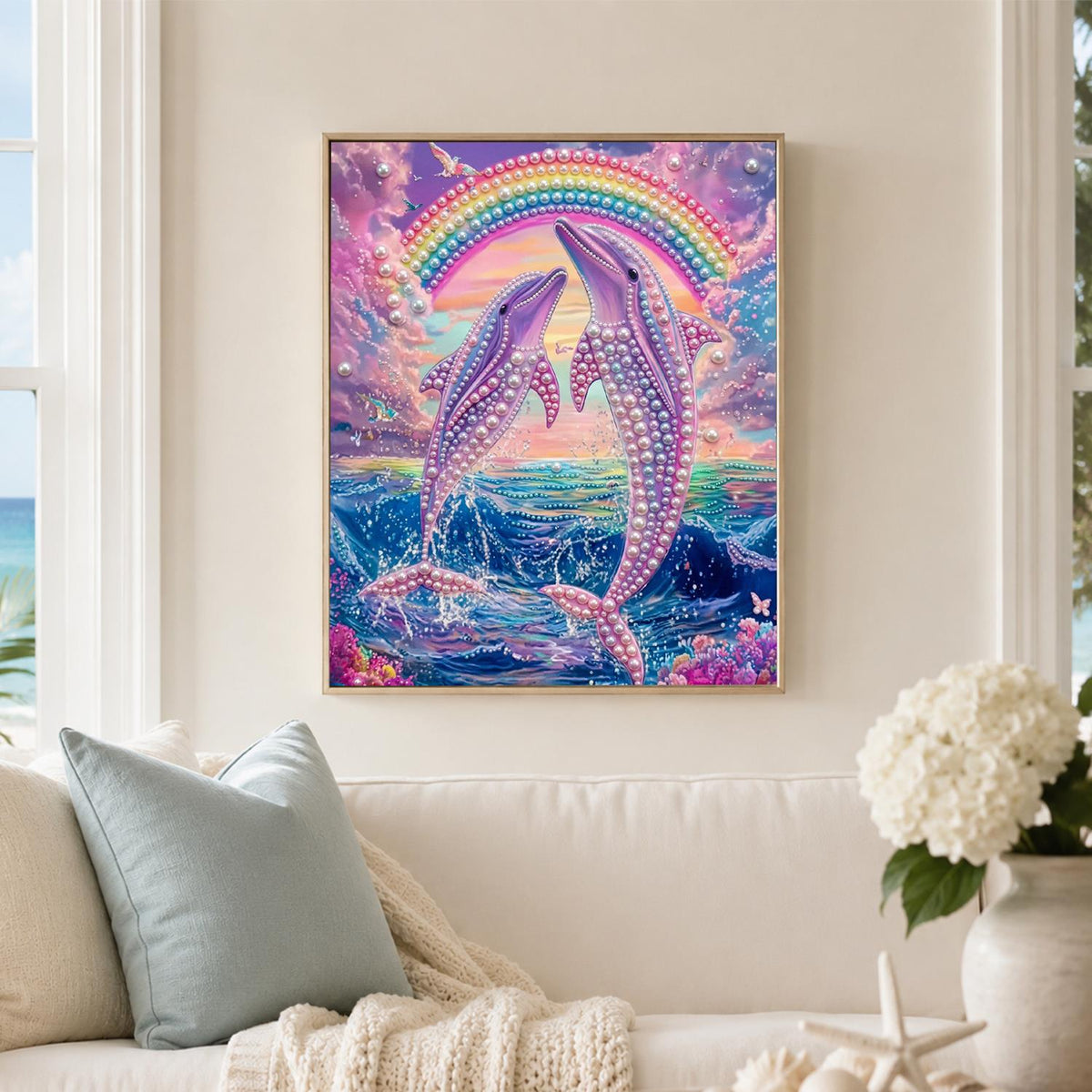Leaping Dolphins Under a Rainbow pearl painting – image 3