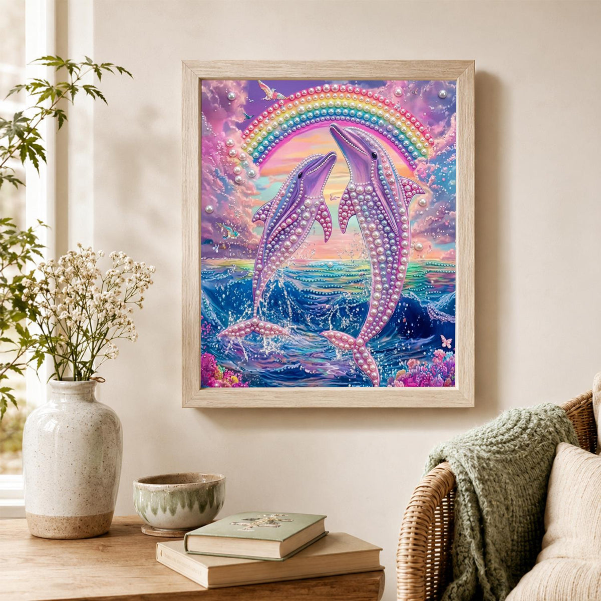 Leaping Dolphins Under a Rainbow pearl painting – image 4