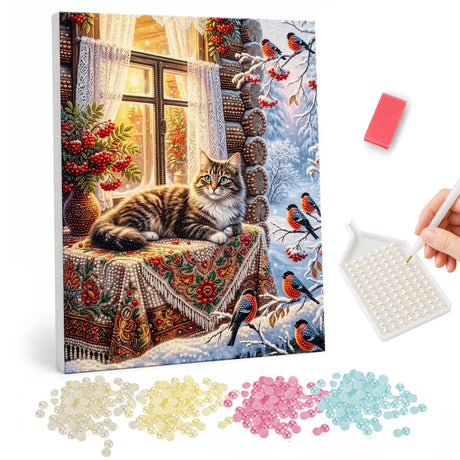 Tabby Cat and Winter Bullfinches pearl painting – Tabby cat lounging on a folk-embroidered cloth by a window, bullfinches on snowy branches outside