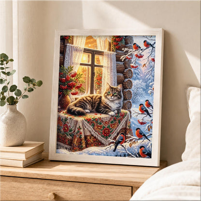 Tabby Cat and Winter Bullfinches pearl painting – image 2