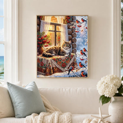 Tabby Cat and Winter Bullfinches pearl painting – image 3