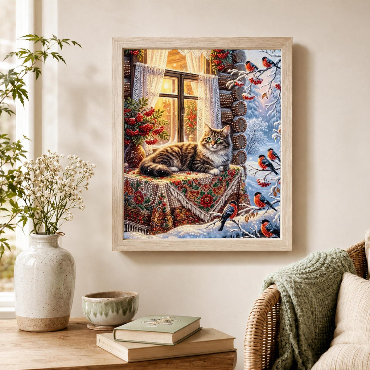 Tabby Cat and Winter Bullfinches pearl painting – image 4