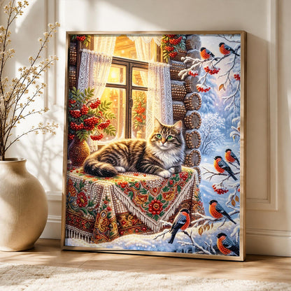 Tabby Cat and Winter Bullfinches pearl painting – image 5