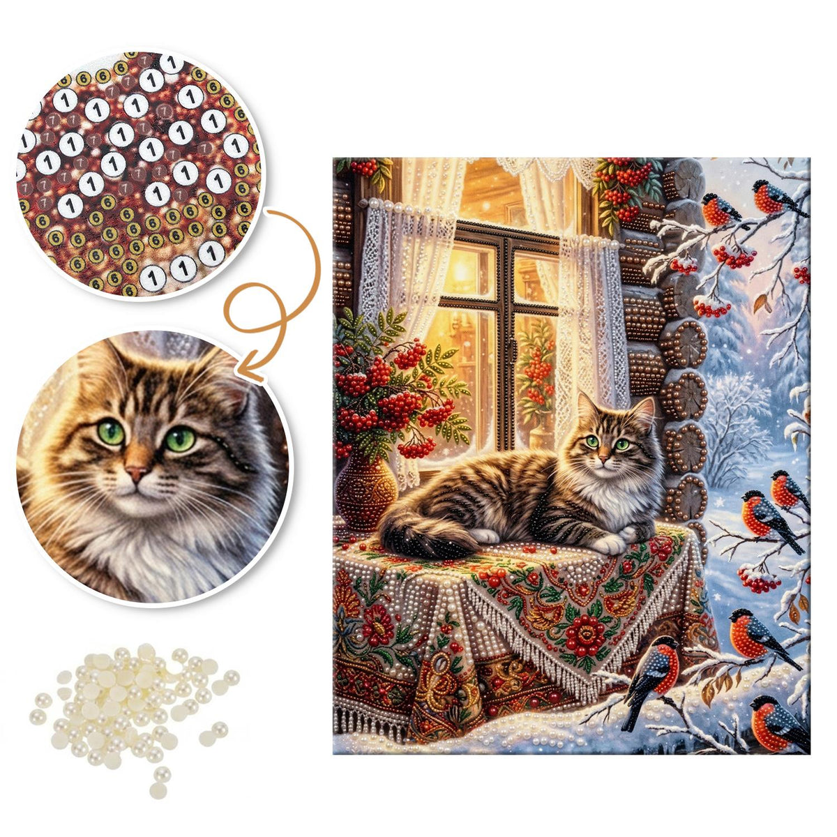 Tabby Cat and Winter Bullfinches pearl painting – image 6