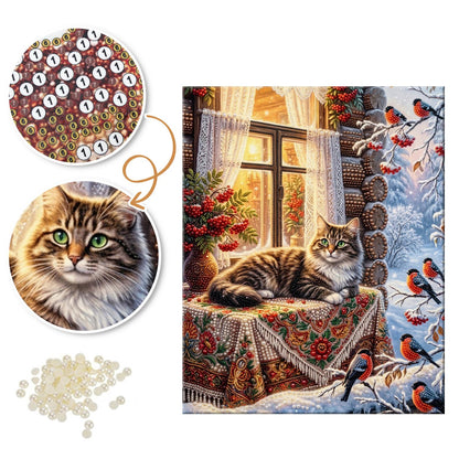 Tabby Cat and Winter Bullfinches pearl painting – image 6