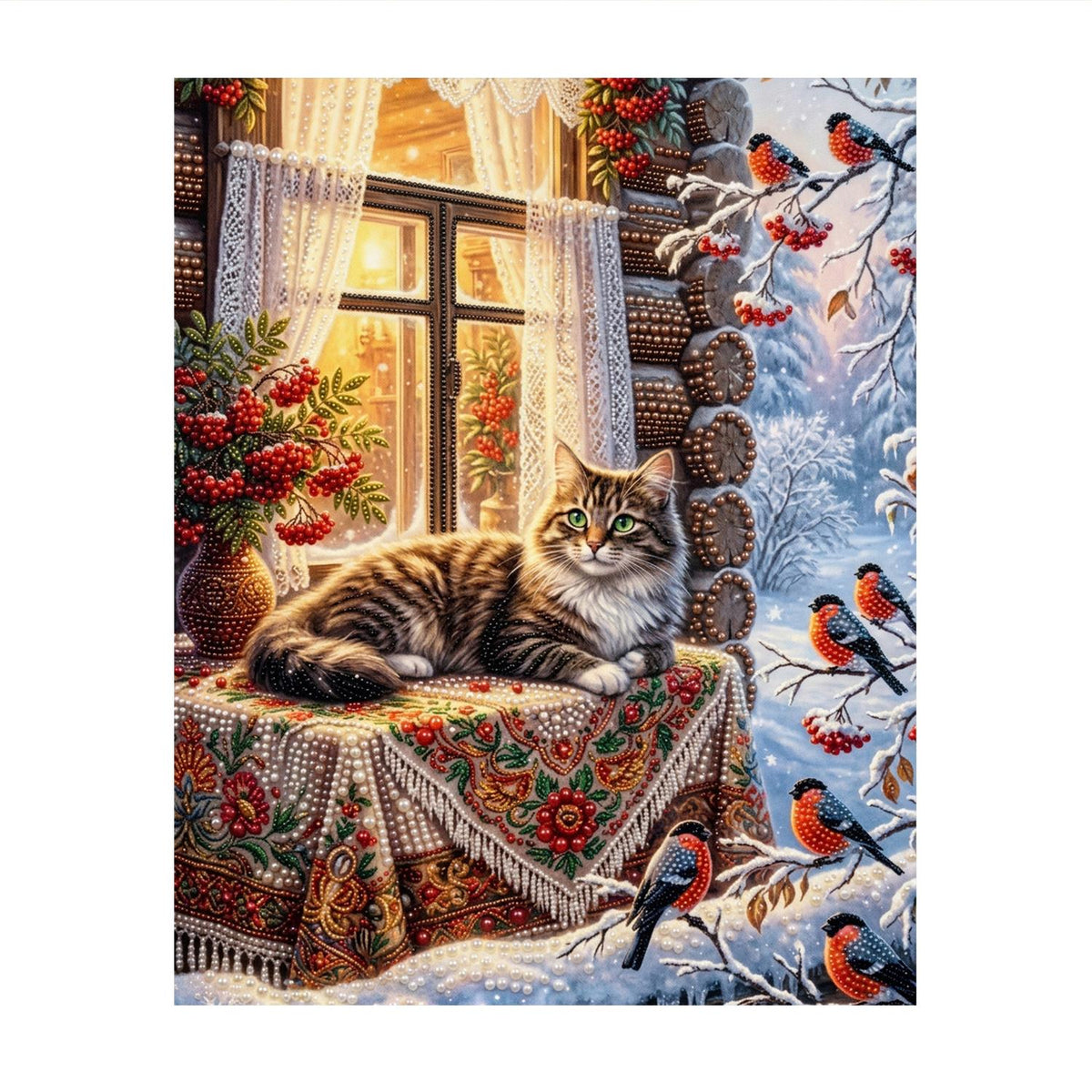 Tabby Cat and Winter Bullfinches pearl painting – image 11