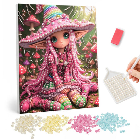 Pink Mushroom-Hat Elf Girl pearl painting – Pointy-eared girl with long pink hair in a pink spotted mushroom hat sitting among toadstools