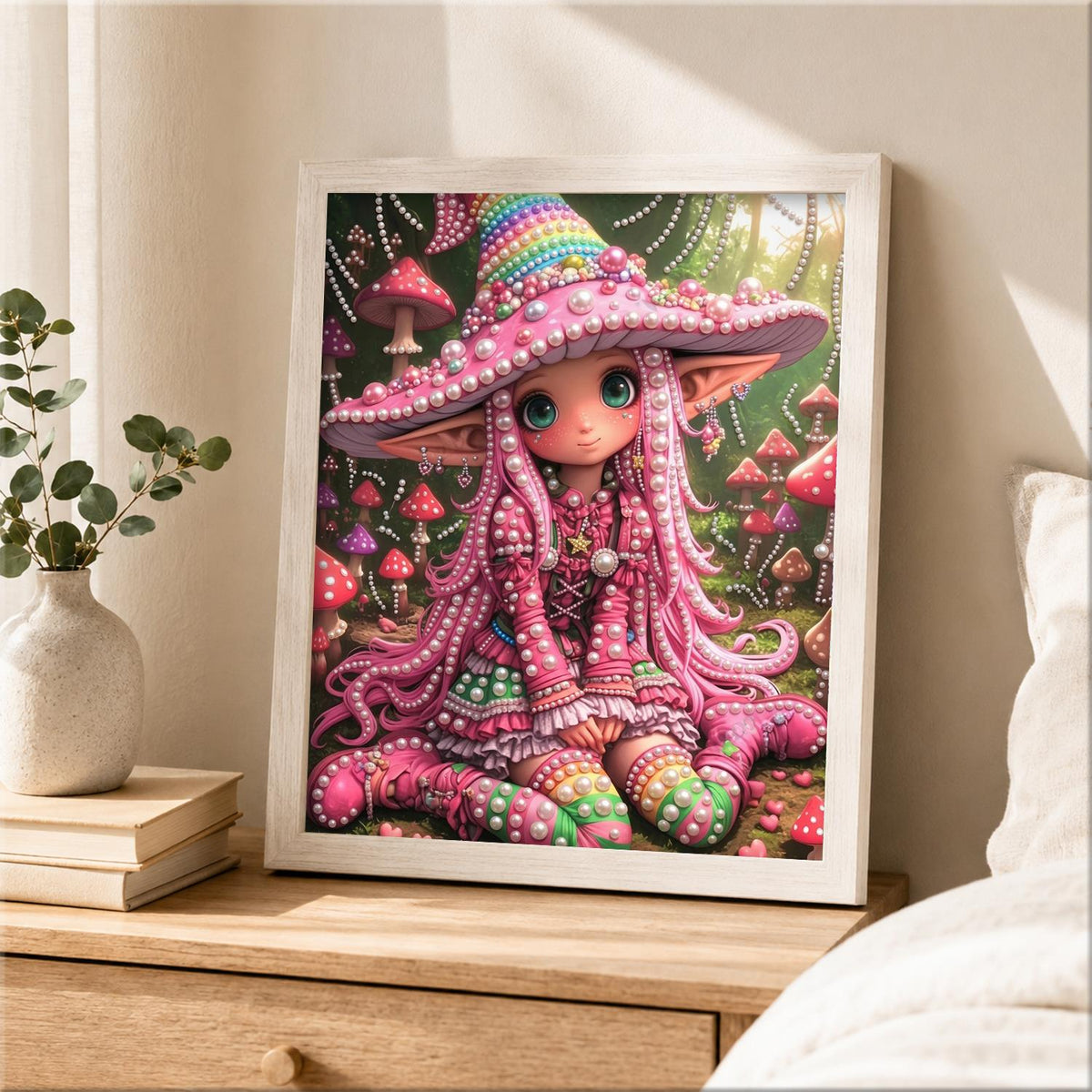 Pink Mushroom-Hat Elf Girl pearl painting – image 2