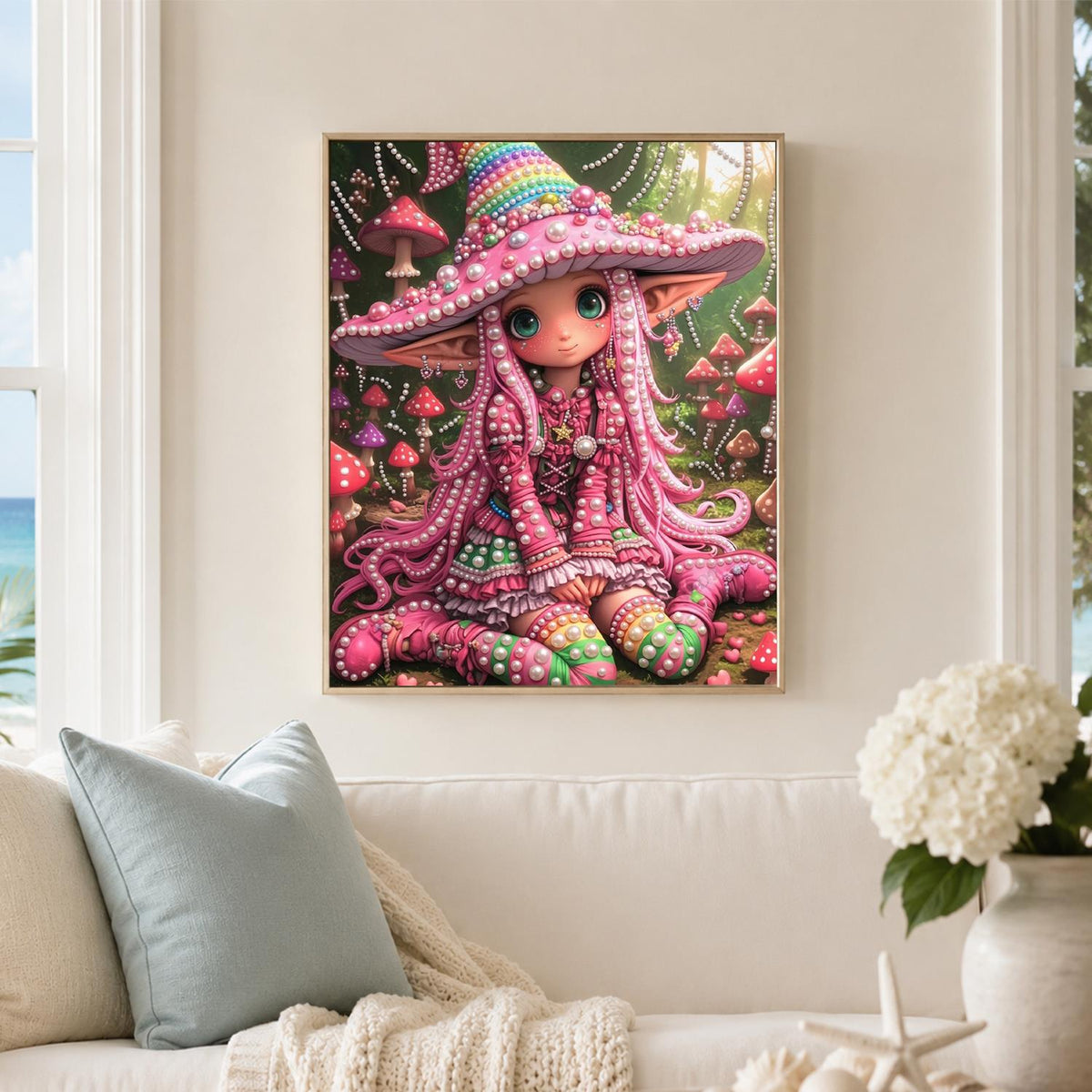 Pink Mushroom-Hat Elf Girl pearl painting – image 3