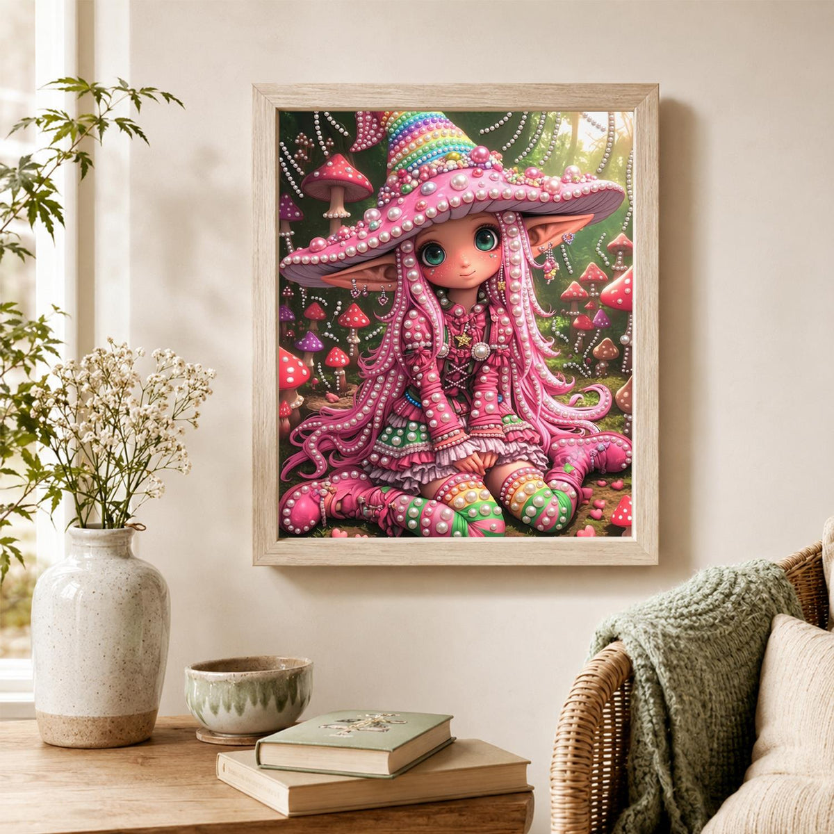 Pink Mushroom-Hat Elf Girl pearl painting – image 4