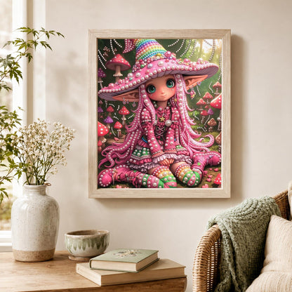 Pink Mushroom-Hat Elf Girl pearl painting – image 4