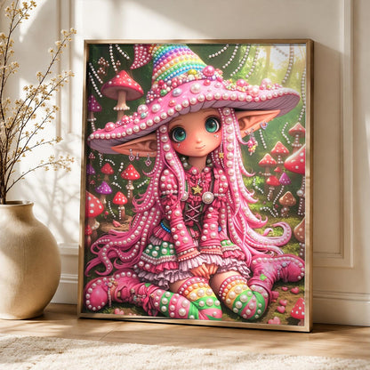Pink Mushroom-Hat Elf Girl pearl painting – image 5
