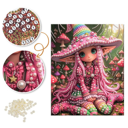 Pink Mushroom-Hat Elf Girl pearl painting – image 6