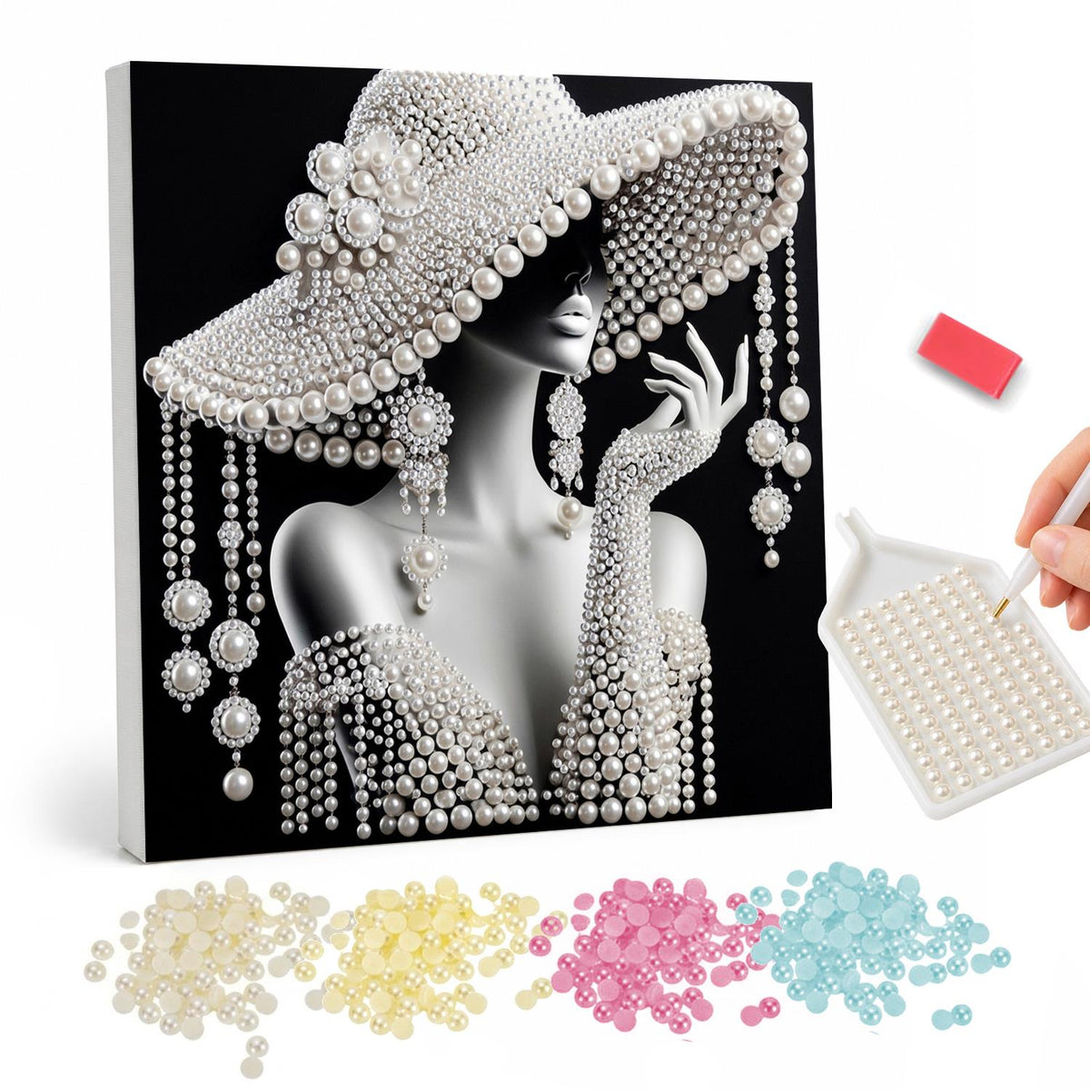 Vintage Glamour in a Wide Brim pearl painting – Black and white portrait of a glamorous woman in a wide beaded hat, hand raised, with drop earrings