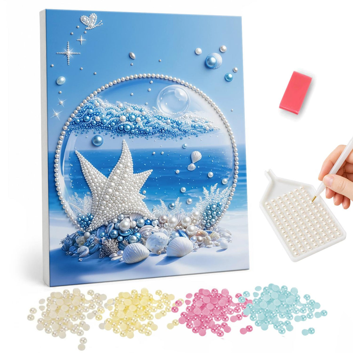 Starfish in an Ocean Bubble pearl painting – Silvery starfish and seashells inside a clear bubble ring with blue ocean waves on a sky-blue background