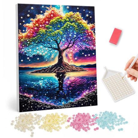 Rainbow Tree on a Starlit Lake pearl painting – Tree with a rainbow canopy on a small island, mirrored in a still lake under a starry night sky