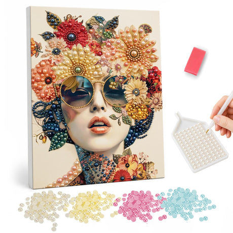 Sunglasses Lady in Bloom pearl painting – Woman in round mirrored sunglasses with a mass of red, orange and gold flowers for hair on cream