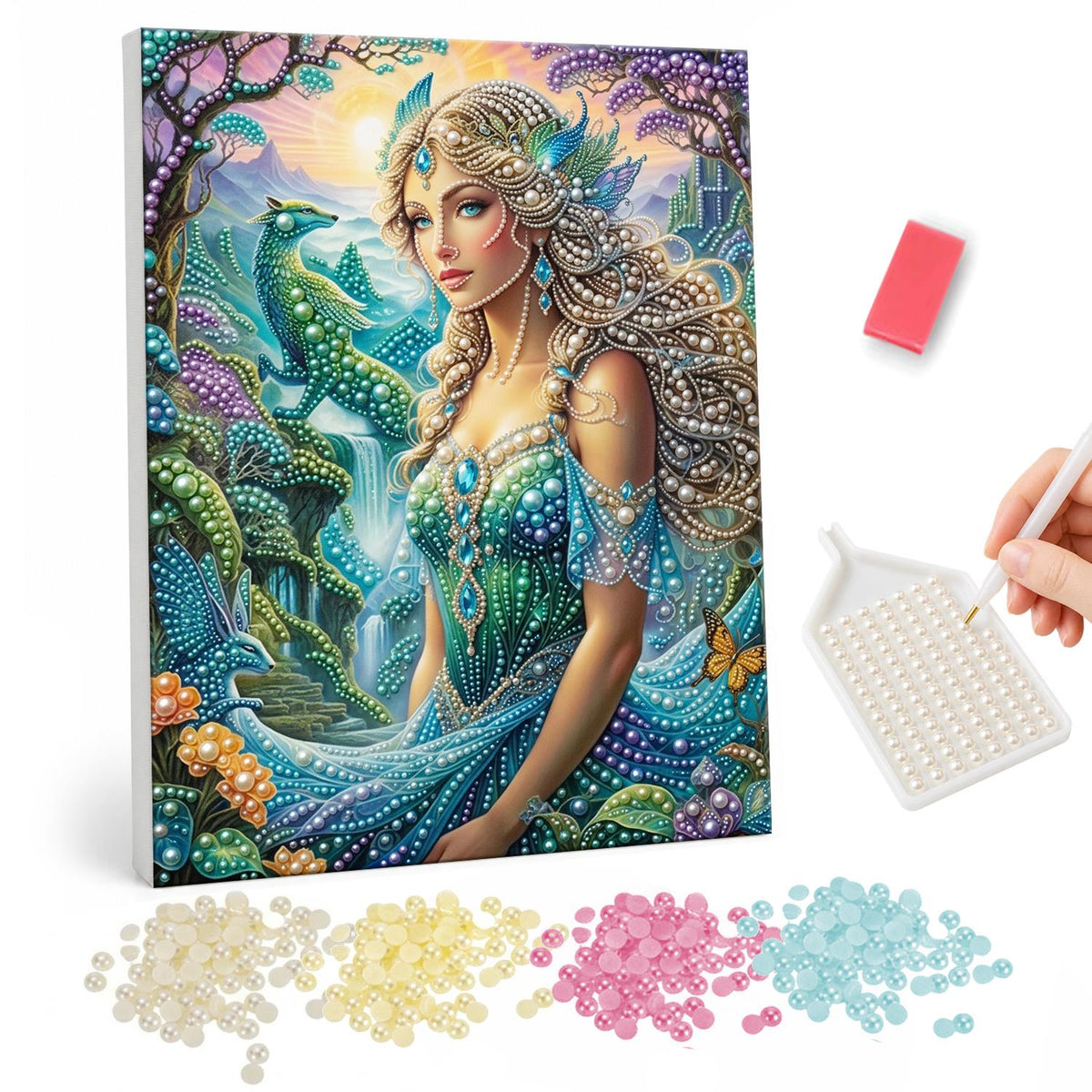 Peacock Garden Goddess pearl painting – Woman with long golden braided hair in an emerald jeweled gown beside a peacock and waterfall