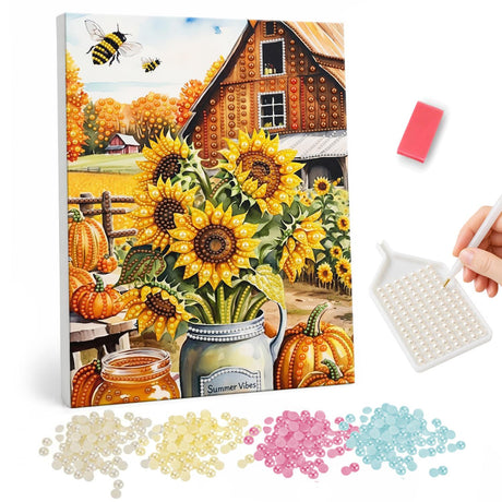 Sunflower Jar at the Red Barn pearl painting – Sunflowers in a glass jar with pumpkins and honey in front of a red barn, bees flying above