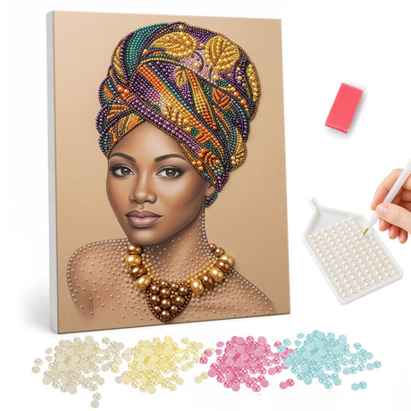 Regal Portrait in Saffron Silk pearl painting – Woman in an orange, purple and green patterned headwrap and chunky gold necklace on beige