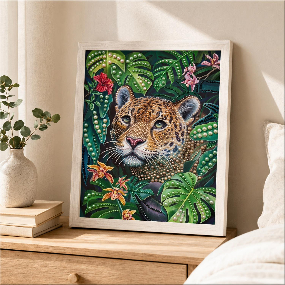 Leopard Peeking Through Monstera pearl painting – image 2