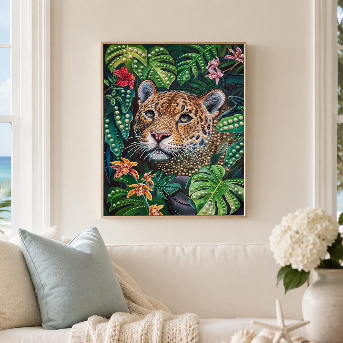Leopard Peeking Through Monstera pearl painting – image 3