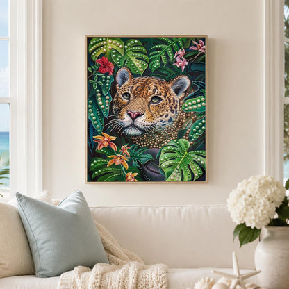 Leopard Peeking Through Monstera pearl painting – image 3