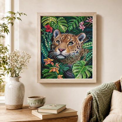 Leopard Peeking Through Monstera pearl painting – image 4
