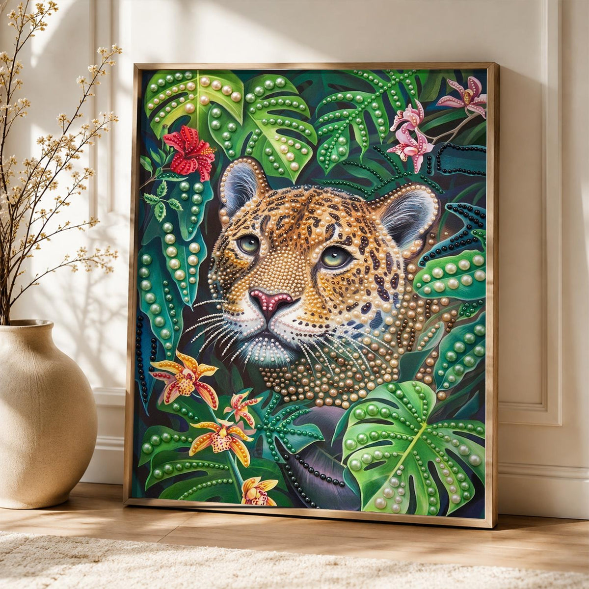 Leopard Peeking Through Monstera pearl painting – image 5