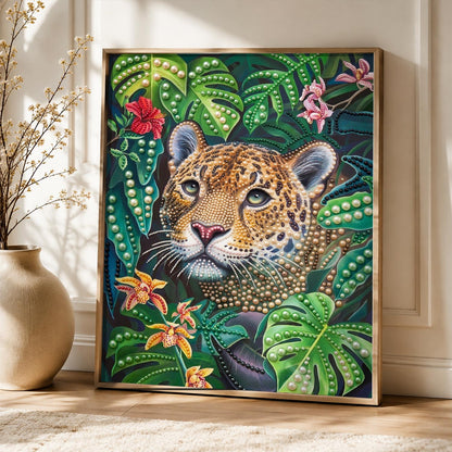 Leopard Peeking Through Monstera pearl painting – image 5