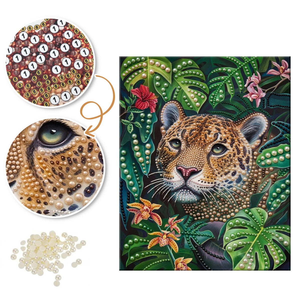Leopard Peeking Through Monstera pearl painting – image 6