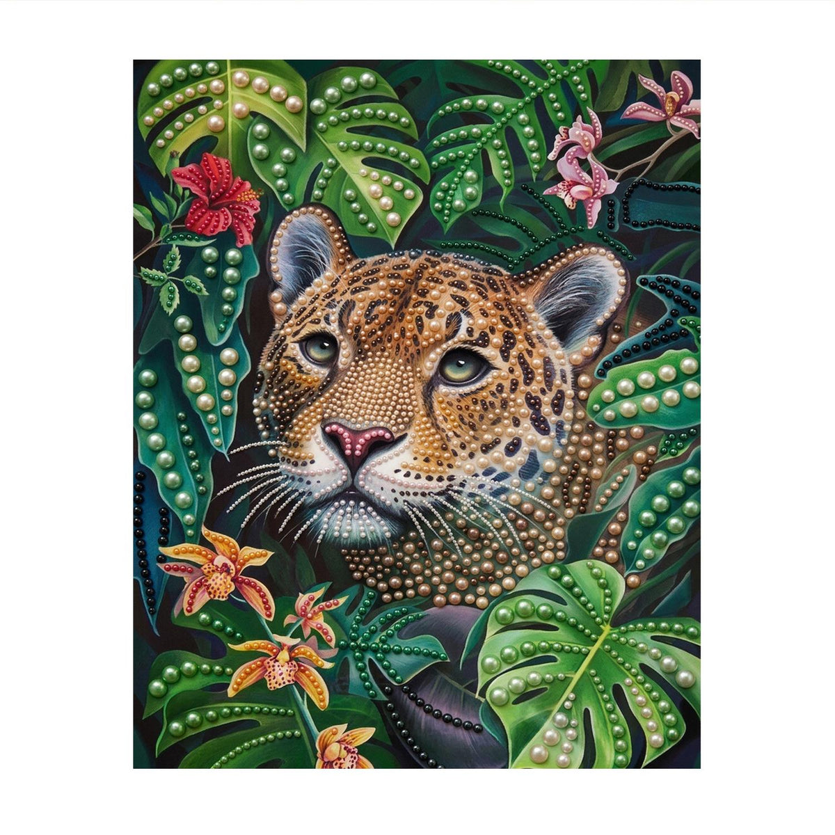 Leopard Peeking Through Monstera pearl painting – image 11
