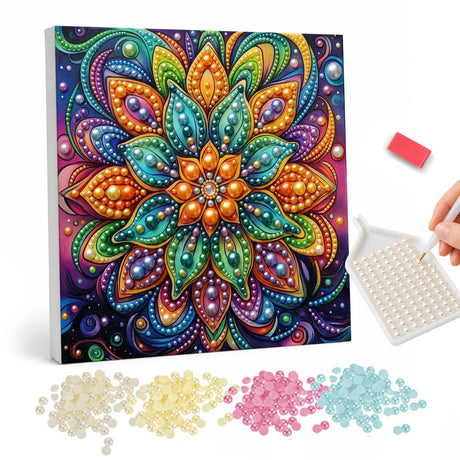 Tangerine and Teal Mandala pearl painting – Flower mandala with an orange center and teal, gold and green petals on a dotted purple background