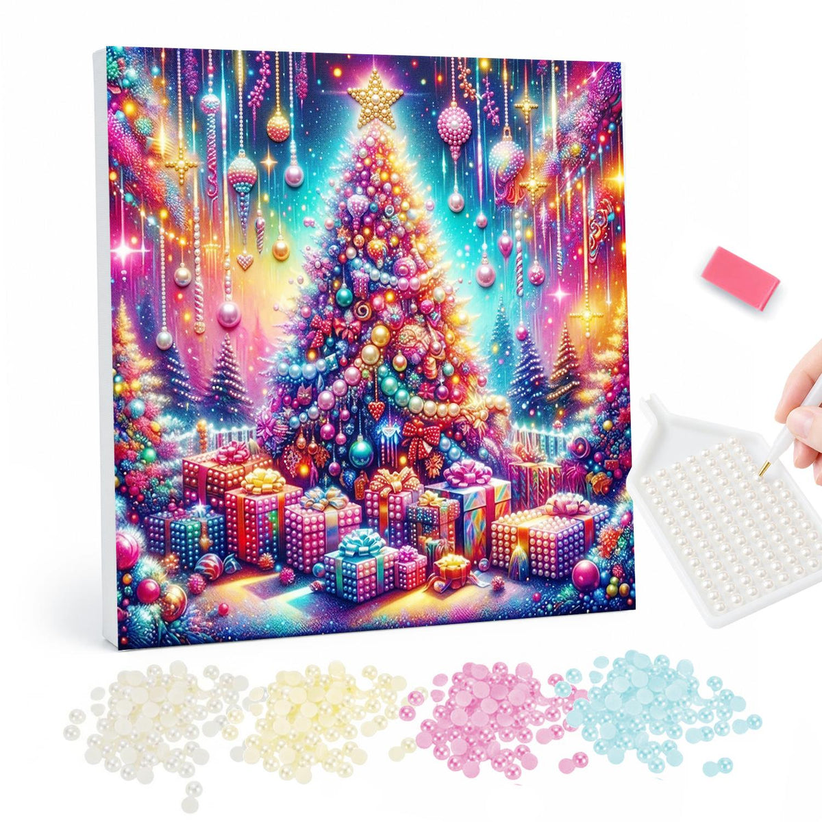 Neon Rainbow Christmas Tree pearl painting – Glowing multicoloured Christmas tree surrounded by pink and purple presents and hanging ornaments