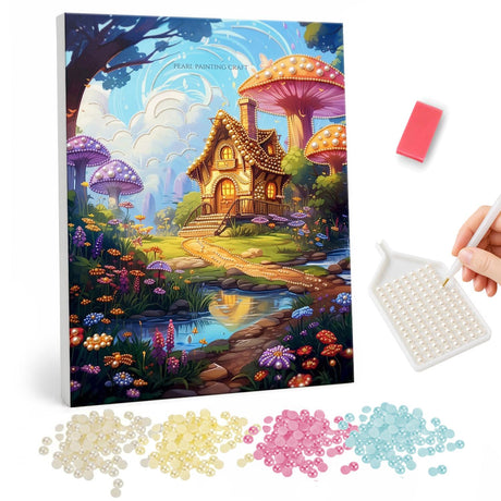 Toadstool Grove Cottage pearl painting – Golden-lit storybook cottage beside giant mushrooms, a winding path and a flowery pond