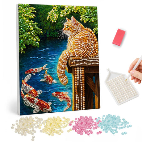 Orange Cat and Koi Pond pearl painting – image 1