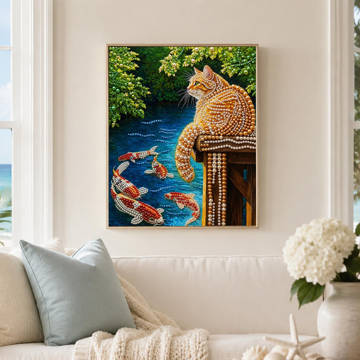 Tabby Watching the Koi pearl painting – image 3