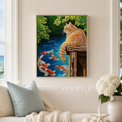 Tabby Watching the Koi pearl painting – image 3