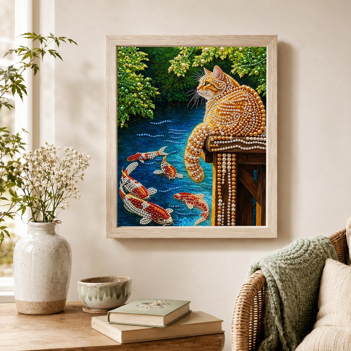 Tabby Watching the Koi pearl painting – image 4