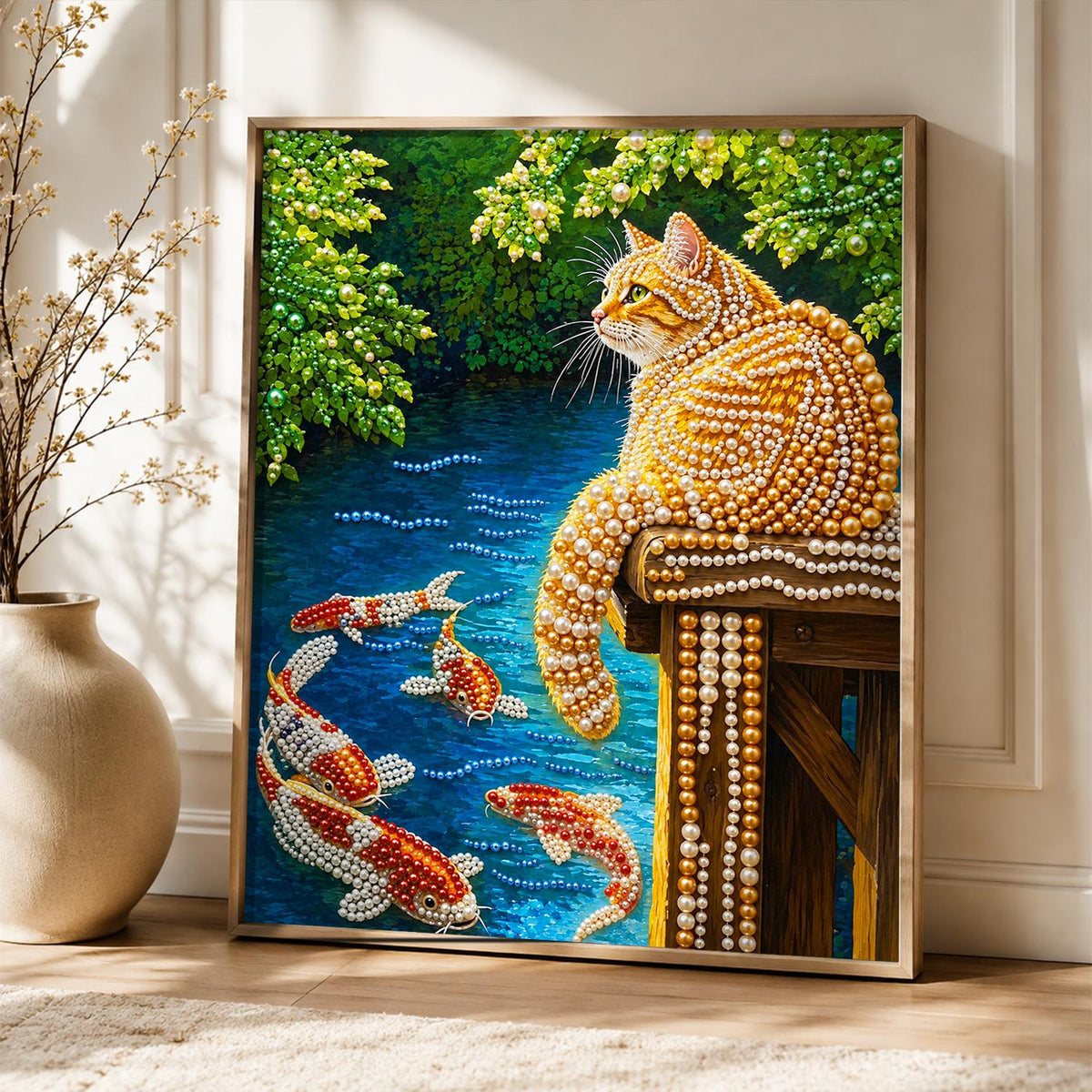 Tabby Watching the Koi pearl painting – image 5