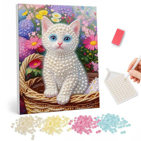 Blue-Eyed Kitten in Wicker pearl painting – White kitten with blue eyes sitting in a wicker basket surrounded by pink and purple flowers