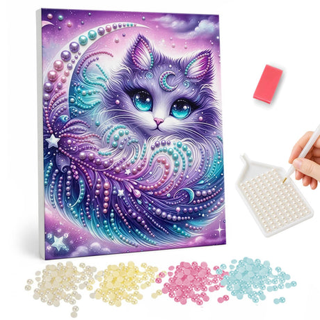 Crescent Moon Lilac Cat pearl painting – Fluffy lilac cat with turquoise eyes and a crescent moon mark amid purple swirls and stars