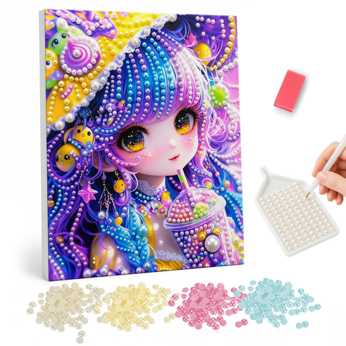 Bubble Tea Galaxy Girl pearl painting – Big-eyed girl with flowing purple and blue hair sipping bubble tea amid candy and stars