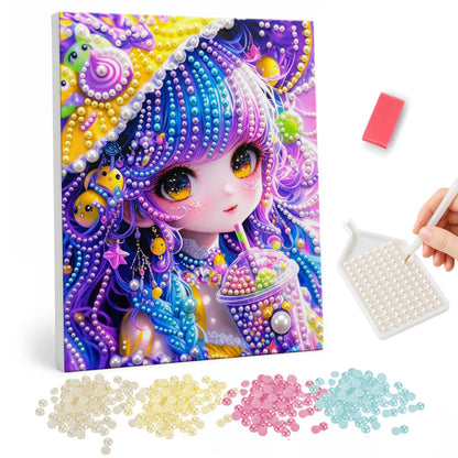 Bubble Tea Galaxy Girl pearl painting – Big-eyed girl with flowing purple and blue hair sipping bubble tea amid candy and stars