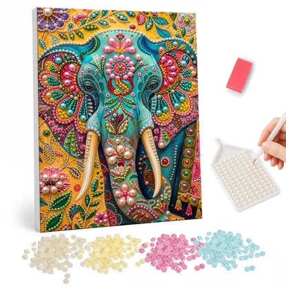 Teal Jeweled Elephant on Gold pearl painting – Teal elephant head adorned with red and pink jewel patterns and flowers on a golden floral background