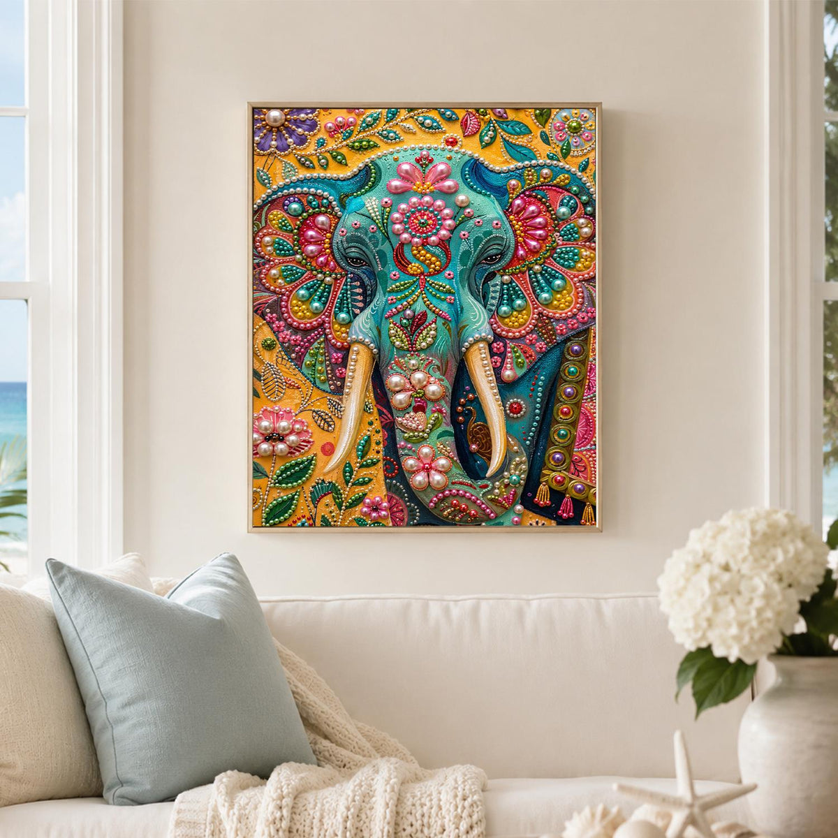 Teal Jeweled Elephant on Gold pearl painting – image 3