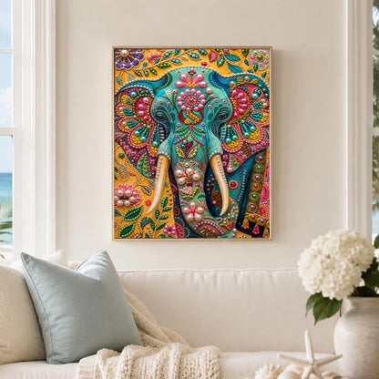 Teal Jeweled Elephant on Gold pearl painting – image 3