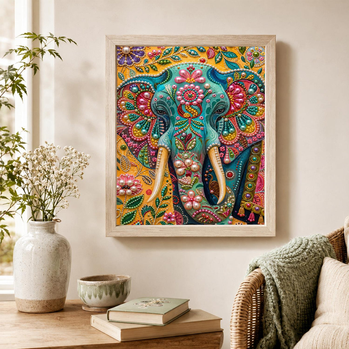 Teal Jeweled Elephant on Gold pearl painting – image 4